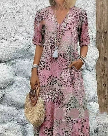 Summer V-neck Half-sleeved Dress With Pockets Fashion Ethnic Print Dresses Beach Holiday Clothing For Women