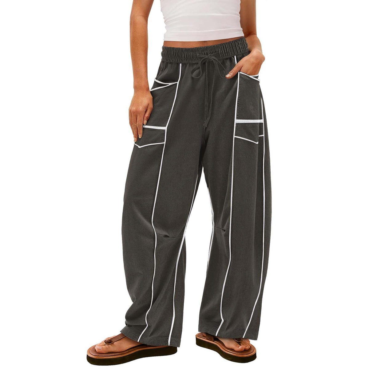 Y2K Black Striped Wide-leg Pants With Pockets Fashion Loose Drawstring Trousers Sports Sweatpants Women's Clothing