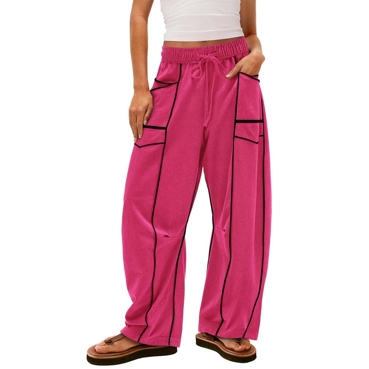 Y2K Black Striped Wide-leg Pants With Pockets Fashion Loose Drawstring Trousers Sports Sweatpants Women's Clothing